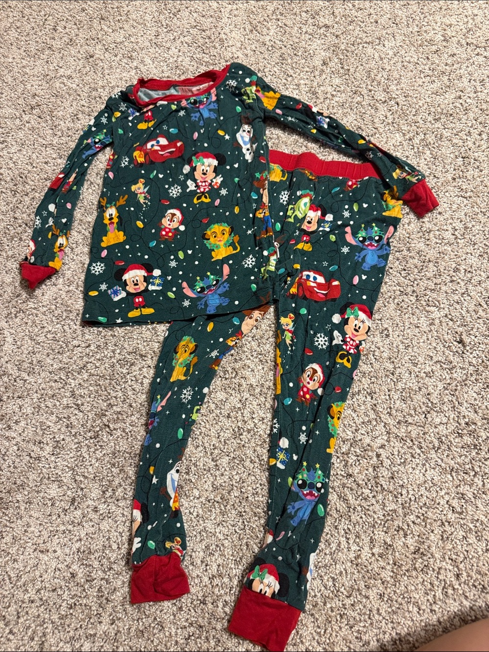 Little Sleepies Dark Green Holiday Character Pajama Set with Red Trim